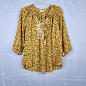 MASON & BELLE Boho Cowgirl Peasant Top Embroidered Yellow Ditsy Floral Size 1X